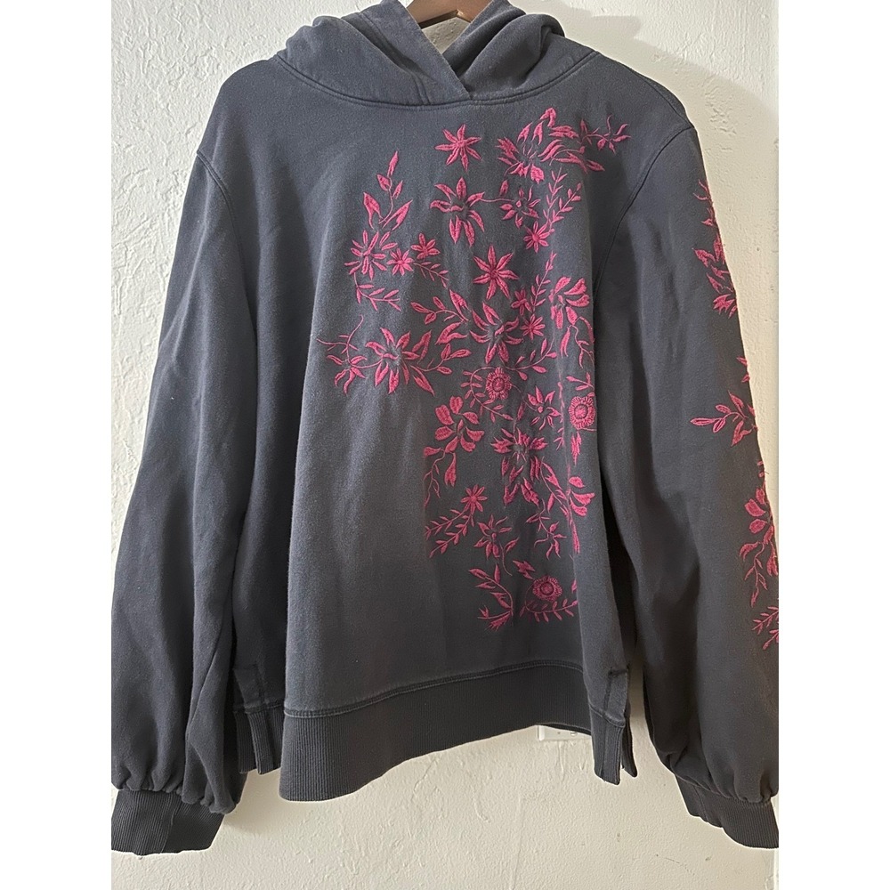 Maeve by Anthropologie Charcoal Grey Floral Embroidered Pullover Hoodie Size XL